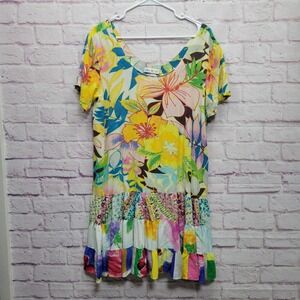 Jams World Hawaiian Hattie Mini Tunic Dress XL Crinkle Tropical Resortwear *FLAW